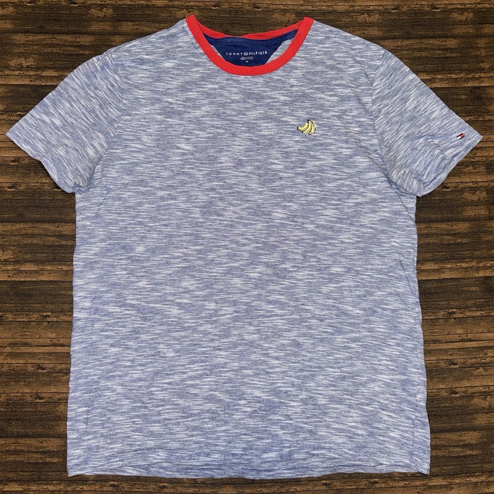 Tommy Hilfiger T Shirt Mens Size M Blue Banana Logo Space Dye Slub